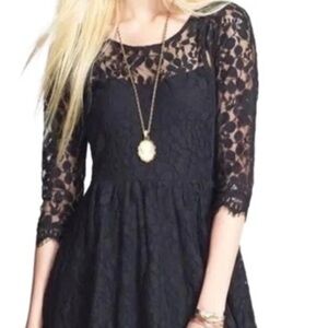 Free People Black  floral mesh 3/4 sleeves asymmetrical dress  Lace Overlay